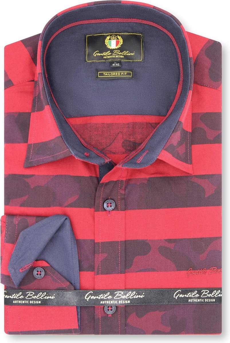 Heren Overhemd - Slim Fit - Stripe Camo - Rood - Maat S