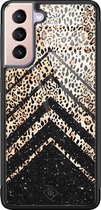 Samsung S21 Plus hoesje glass - Chevron luipaard | Samsung Galaxy S21 Plus  case | Hardcase backcover zwart