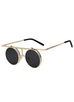KIMU steampunk flip up ronde zonnebril goud zwart - vintage retro opklapbaar