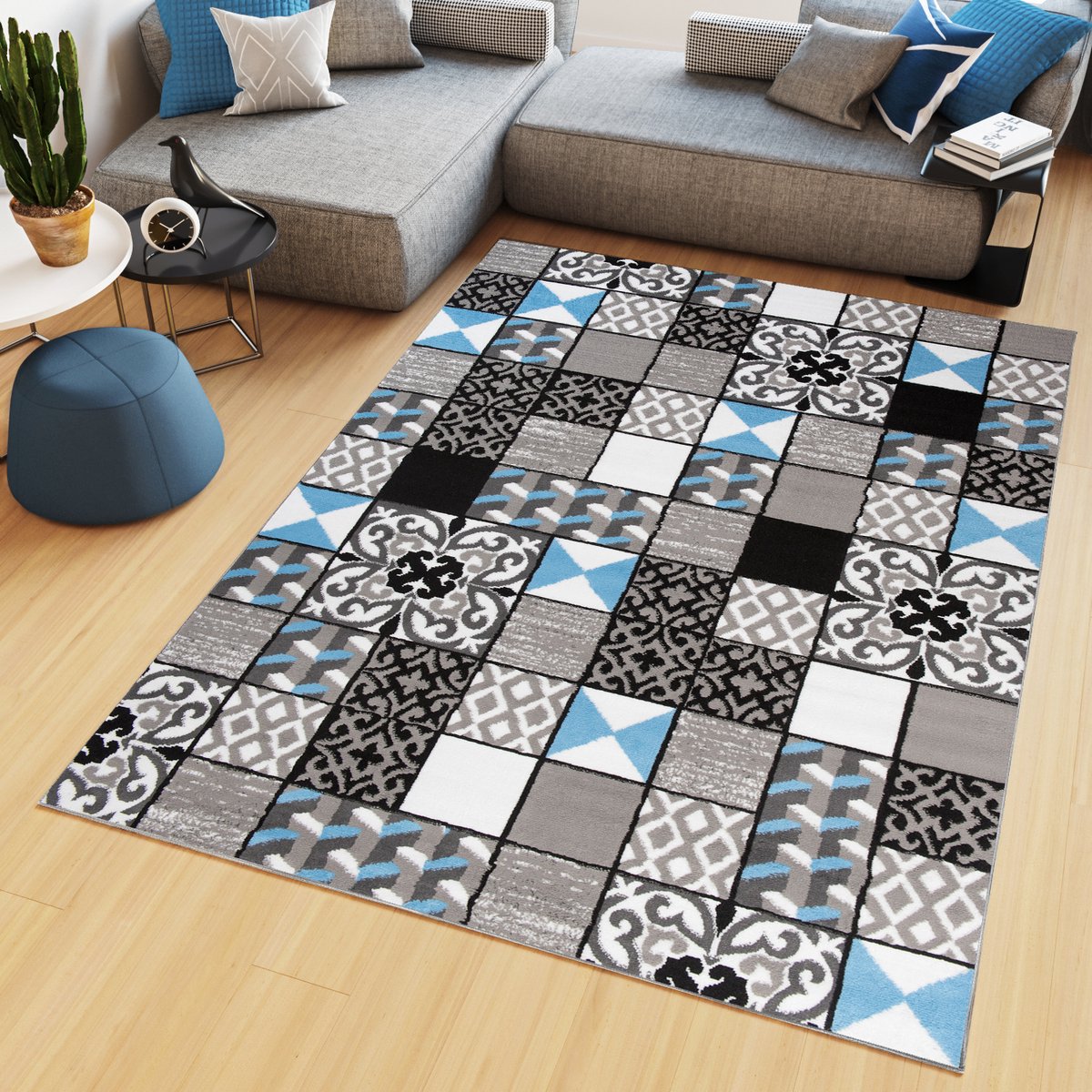 Tapiso Maya Vloerkleed Grijs Kleed Woonkamer Modern Tapijt Maat- 80x150 Grijs Wit Blauw
