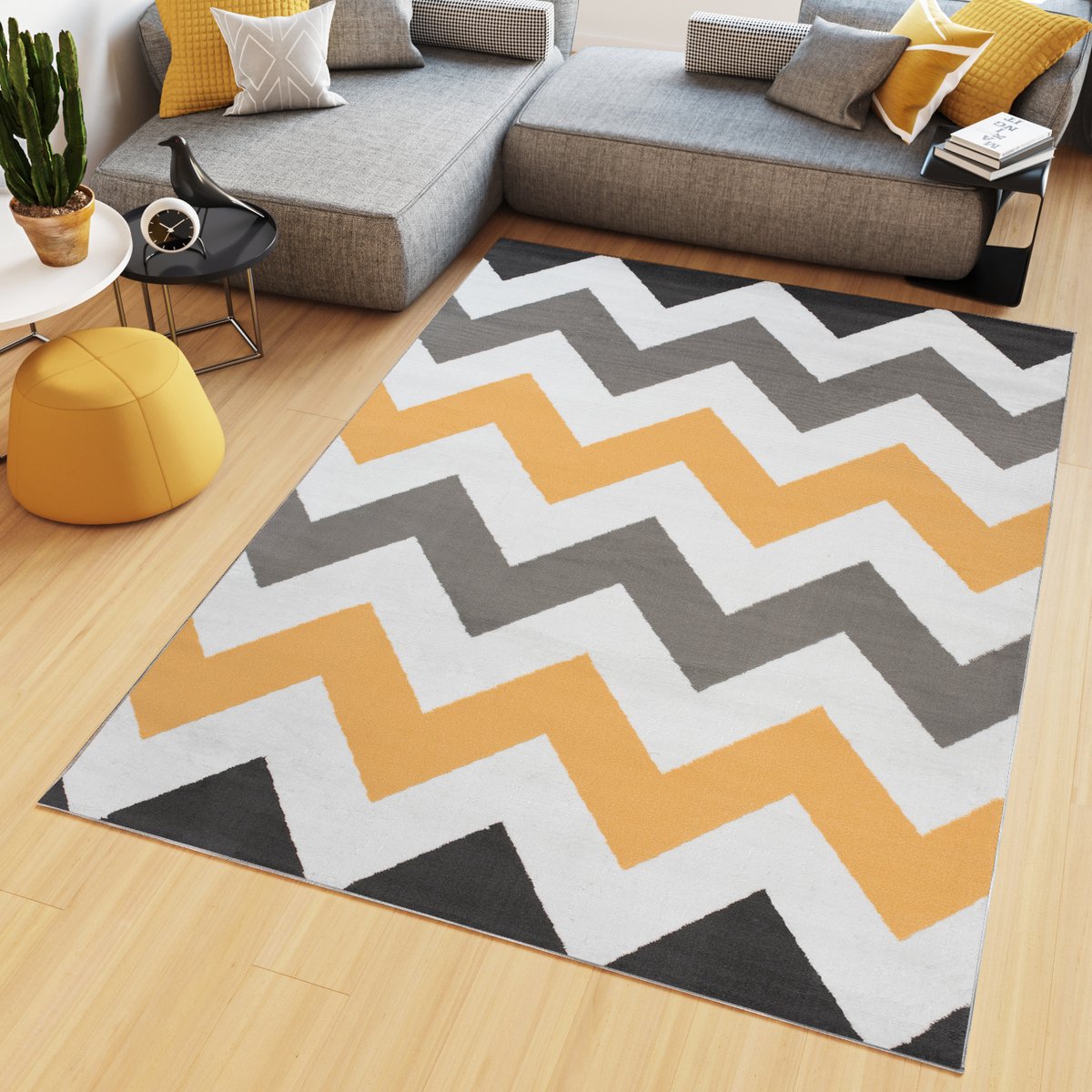 Tapiso Maya Vloerkleed Grijs Geel Laagpolig Zigzag Tapijten Maat- 250x350