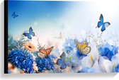 Canvas  - Sprookjesachtige Blauwe Vlinders - 60x40cm Foto op Canvas Schilderij (Wanddecoratie op Canvas)