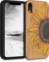 kwmobile telefoonhoesje compatibel met Apple iPhone XR - Hoesje met bumper in geel / donkerbruin / lichtbruin - kersenhout - Wood Sunflower design