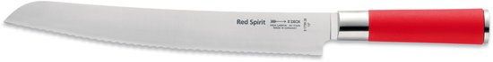 Rood handvat en roestvrijstalen lemmet met kartels en opschrift "Red Spirit".