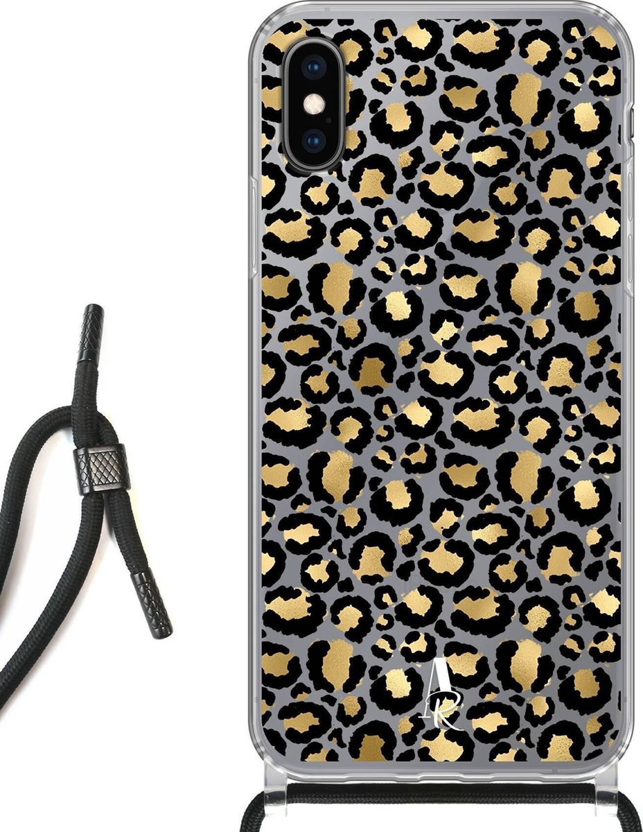 iPhone Xs hoesje met koord - Luipaardprint Goud