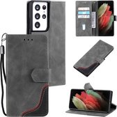 Voor Samsung Galaxy S21 Ultra 5G Driekleurige Stiksels Kalf Textuur Horizontale Flip Lederen Case met Houder & Kaartsleuven & Portemonnee (Grijs)