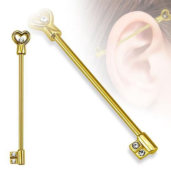 Industrial piercing hart met sleutel gold plated