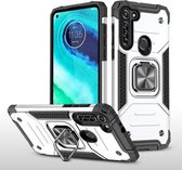 Voor Motorola Moto G8 Magnetisch pantser Schokbestendig TPU + pc-hoesje met metalen ringhouder (zilver)