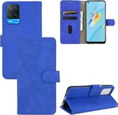 Voor OPPO A54 effen kleur huid gevoel magnetische gesp horizontale flip kalf textuur PU lederen tas met houder & kaartsleuven & portemonnee (blauw)