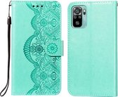 Voor Xiaomi Redmi Note 10 4G Flower Vine Embossing Pattern Horizontale Flip Leather Case met Card Slot & Holder & Wallet & Lanyard (Green)