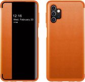 Voor Samsung Galaxy A72 4G / 5G magnetisch zijvensterweergave schokbestendig horizontaal flip lederen hoesje (oranje)