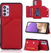 Voor Samsung Galaxy A32 5G Skin Feel PU + TPU + PC Achterkant Schokbestendig hoesje met kaartsleuven & houder & fotolijst (rood)