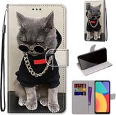 Voor Alcatel 3L 2021 Gekleurde Tekening Cross Textuur Horizontale Flip PU Lederen Case met Houder & Kaartsleuven & Portemonnee & Lanyard (Gouden Ketting Grijze Kat)