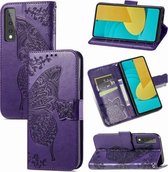 Voor LG Stylo 7 Butterfly Love Flower Reliëf Horizontale Flip Leather Case met Bracket & Card Slot & Wallet & Lanyard (Dark Purple)