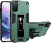 Voor Samsung Galaxy S21 FE 2 in 1 PC + TPU schokbestendige beschermhoes met onzichtbare houder (donkergroen)