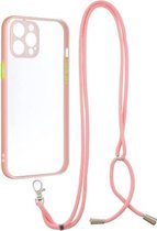 Transparante pc + TPU-telefoonhoes met knop in contrasterende kleur en nekkoord voor iPhone 11 Pro Max (roze)