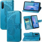 Voor Sony Xperia 10 III Vlinder Liefde Bloemen Reliëf Horizontale Flip Lederen Case met Houder & Kaartsleuven & Portemonnee & Lanyard (Blauw)