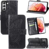 Voor Samsung Galaxy S21 FE Vlinder Liefde Bloemen Reliëf Horizontale Flip Lederen Case met Houder & Kaartsleuven & Portemonnee & Lanyard (Zwart)