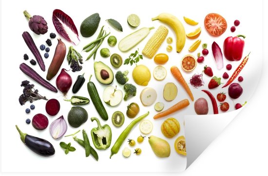 Muursticker - Regenboog - Groente - Fruit - Keuken - Wanddecoratie - 60x40 cm - Zelfklevend behangpapier - Stickerfolie