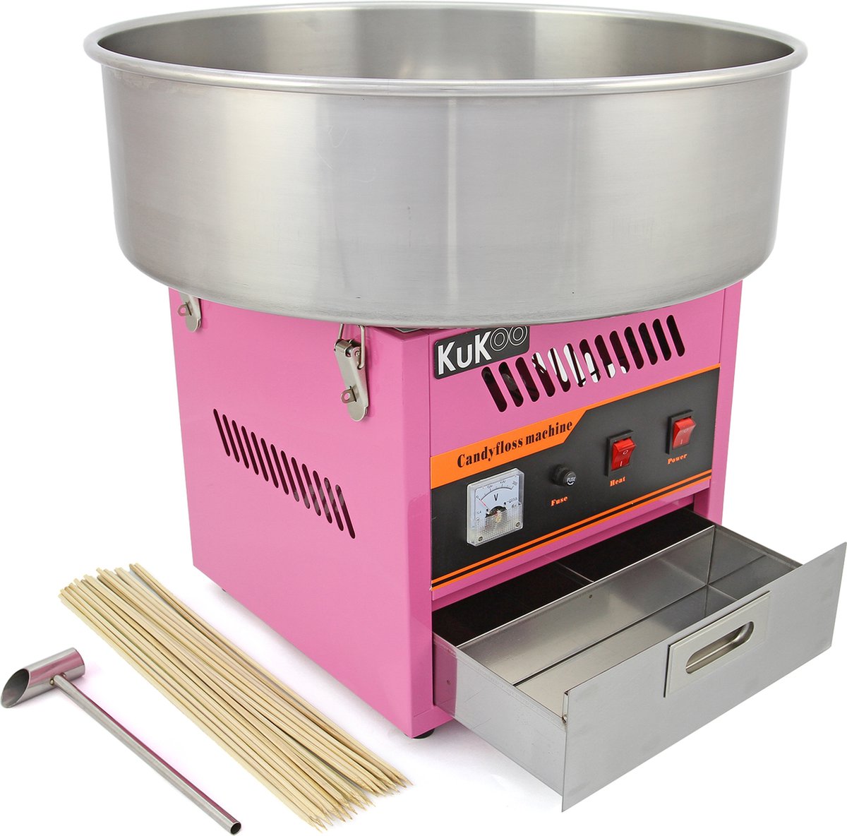KuKoo Suikerspin Machine - GRATIS 500 suikerspin stokken - Grote 50cm RVS kom - Eenvoudige bediening - Eenvoudig schoon te houden