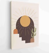 Abstract arts design with couple , desert, sun and cactus, black jaguar sunset and monstera leaves background. 4 - Moderne schilderijen – Vertical – 1870255144 - 115*75 Vertical