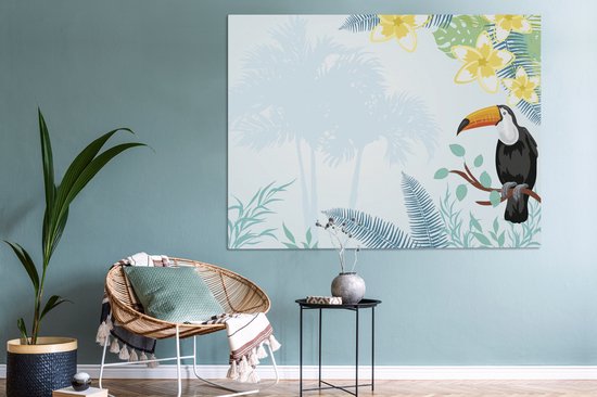 Une illustration de plantes tropicales avec une toile toucan 160x120 cm - Tirage photo sur toile (Décoration murale salon / chambre) XXL / Groot format!