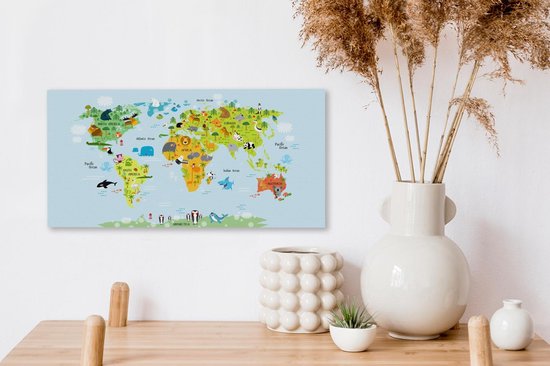 Toiles Peintures - Wereldkaart Enfants - Animaux - Couleurs - 40x20 cm - Décoration murale