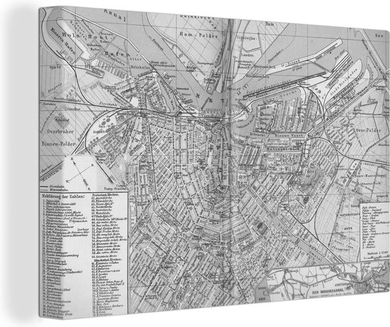 Un plan de ville historique en noir et blanc d' Amsterdam sur toile - Plan d'étage 60x40 cm - Tirage photo sur toile (Décoration murale salon / chambre)