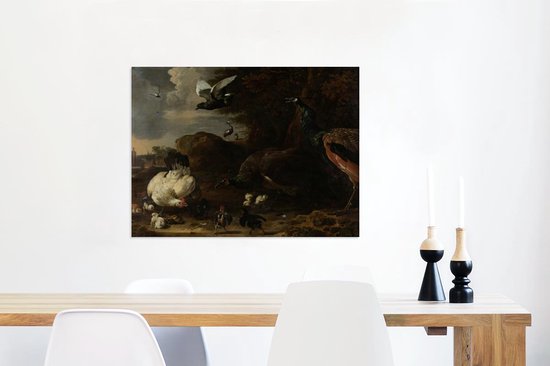 Une poule avec des poussins menacés par deux paons - Peinture de Melchior d'Hondecoeter sur toile 80x60 cm - Tirage photo sur toile (Décoration murale salon / chambre)