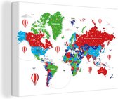 Canvas Wereldkaart - 30x20 - Wanddecoratie Wereldkaart - Kleuren - Luchtballon