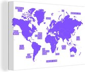 Canvas Wereldkaart - 90x60 - Wanddecoratie Wereldkaart - Paars - Simpel