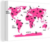 Canvas Wereldkaart - 140x90 - Wanddecoratie Wereldkaart Kinderen - Roze - Dieren