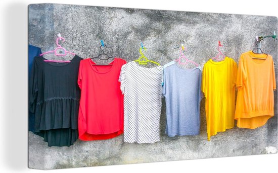 Vêtements colorés accrochés sur une toile de corde à linge 40x20 cm - Tirage photo sur toile (décoration murale salon / chambre)