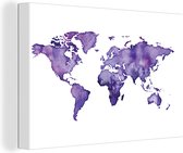 Canvas Wereldkaart - 150x100 - Wanddecoratie Wereldkaart - Aquarel - Paars