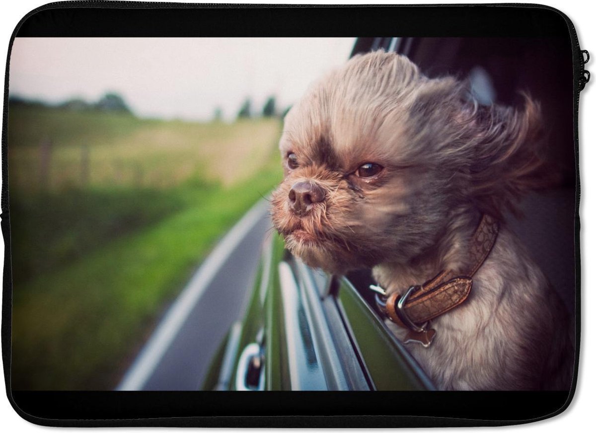 Laptophoes 14 inch - Hond - Auto - Dier - Laptop sleeve - Binnenmaat 33x23 cm - Zwarte achterkant