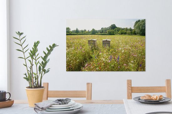 Tableau sur toile Ruche dans un champ de fleurs - 60x40 cm - Décoration murale