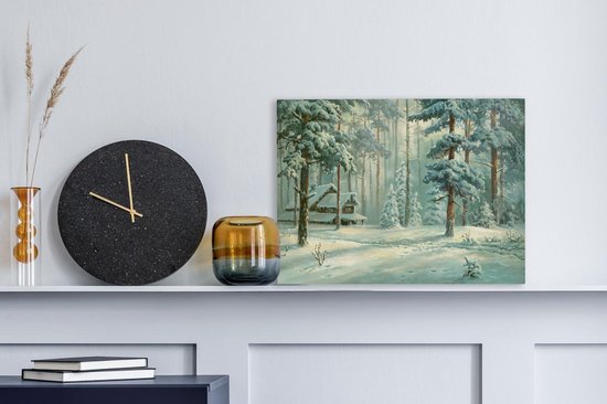 Canvas Schilderij Sneeuw - bos - Hut - 40x30 cm - Wanddecoratie