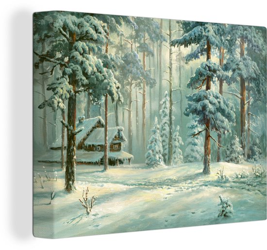 Canvas Schilderij Sneeuw - bos - Hut - 40x30 cm - Wanddecoratie