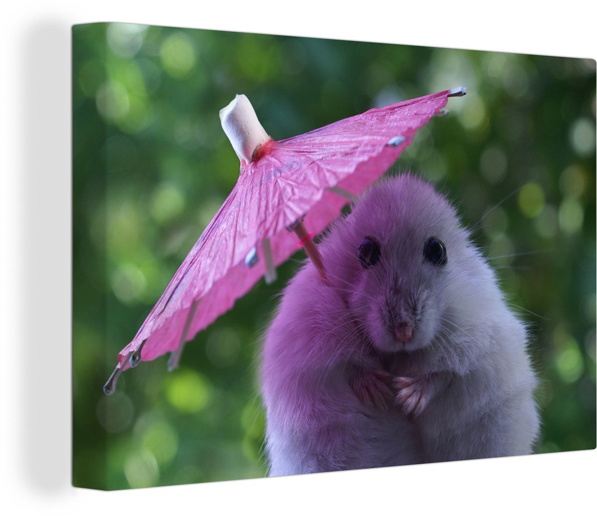 Canvas Schilderij Hamster met een roze parasol - 120x80 cm - Wanddecoratie