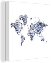 Canvas Wereldkaart - 90x90 - Wanddecoratie Wereldkaart - Delfts Blauw - wit