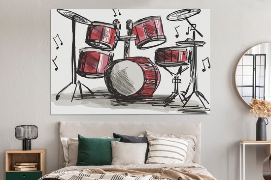 Canvas schilderij 180x120 cm - Wanddecoratie Illustratie van een tekening van een drumstel - Muurdecoratie woonkamer - Slaapkamer decoratie - Kamer accessoires - Schilderijen op canvas