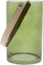 Lantaarn voor Kaarsen - Binnen en Buiten - Windlicht - Tafellamp - Glas Groen - 20cm - Hout handvat