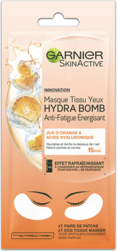 Garnier Skinactive Hydra Bomb oogmasker met sinaasappelsap en hyaluronzuur voor hydratatie.