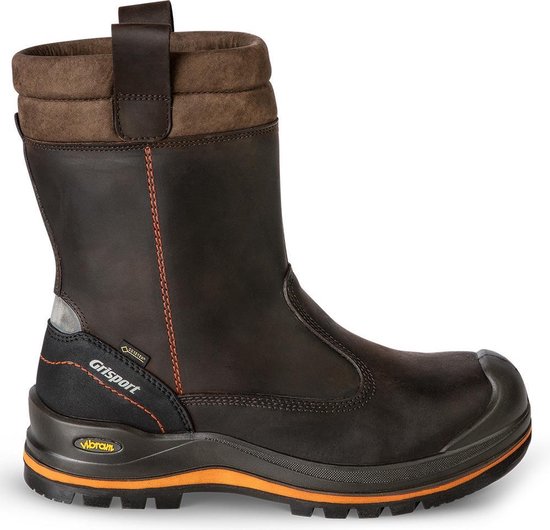 Bruine lederen Grisport werklaars met oranje stiksels, Gore-Tex en Vibram-logo's.