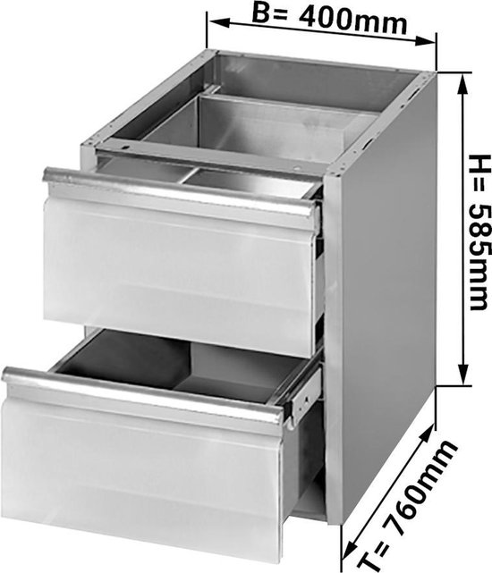 Roestvrijstalen ladetafel 0,4 m met 2 lades onderstelmodule voor