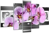 Glasschilderij Orchidee - Grijs, Paars, Wit - 170x100cm 5Luik - Foto Op Glas - Geen Acrylglas Schilderij - 6000+ Glasschilderijen Collectie - Wanddecoratie