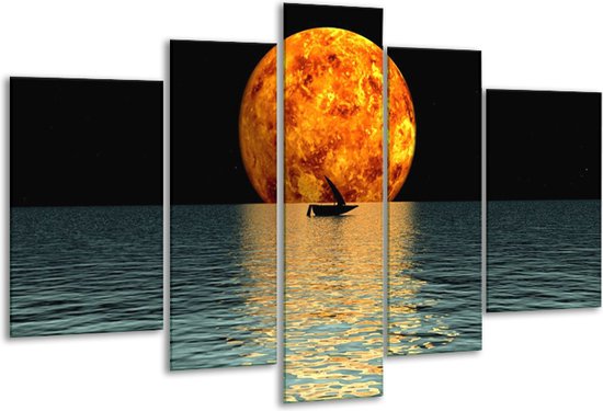 Glasschilderij Maan - Oranje, Blauw, Zwart - 170x100cm 5Luik - Foto Op Glas - Geen Acrylglas Schilderij - 6000+ Glasschilderijen Collectie - Wanddecoratie