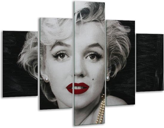 Glasschilderij -  Marilyn Monroe - Zwart, Wit, Grijs - 100x70cm 5Luik - Geen Acrylglas Schilderij - GroepArt 6000+ Glasschilderijen Collectie - Wanddecoratie- Foto Op Glas