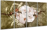 GroepArt - Glasschilderij - Orchidee - Goud, Wit, Bruin - 160x80cm 4Luik - Foto Op Glas - Geen Acrylglas Schilderij - 6000+ Glasschilderijen Collectie - Wanddecoratie