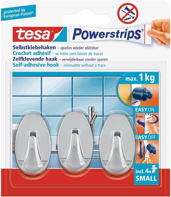 Tesa Powerstrips Haken Ovaal Small - Chroom - 3 Stuks